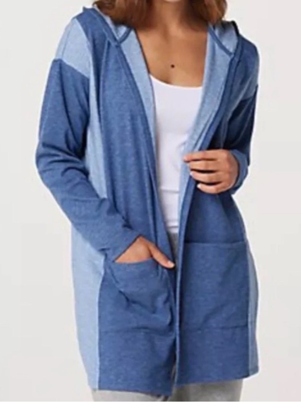 AnyBody Double Knit Colorblock Hooded Cardigan Slate Blue Plus Size 1X EUC